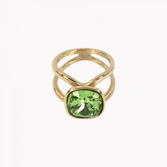 Anel de aço com pedra verde Carmo Joalheiros, acabamento dourado, dupla haste cruzada e pedra oval lapidada