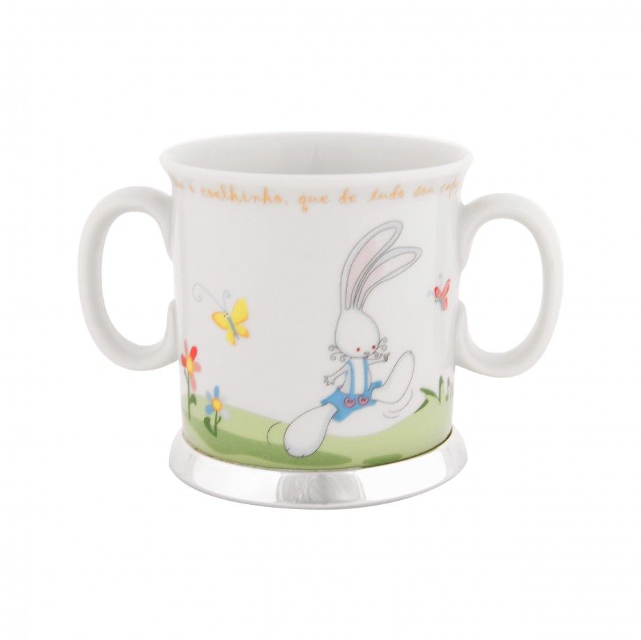 caneca coelhinho topázio da Topázio 1874 em porcelana branca com dois pegas e base prateada
