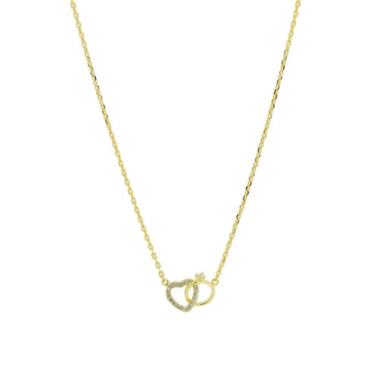 colar enlace feminino em ouro amarelo com corrente fina e pendente dois elos entrelaçados com zircónias