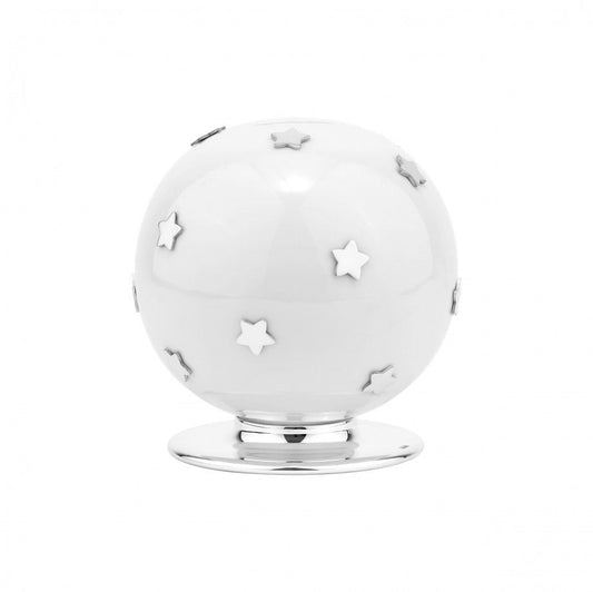 Mealheiro esférico branco com estrelas prateadas e base polida da Topázio 1874 mealheiro o principezinho topázio