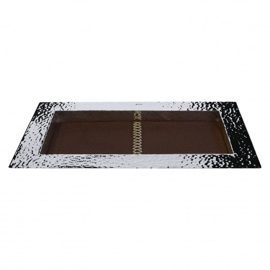tabuleiro despeja bolsos decorativo Topazio 1874 bandeja retangular metal martelado prata interior couro marrom