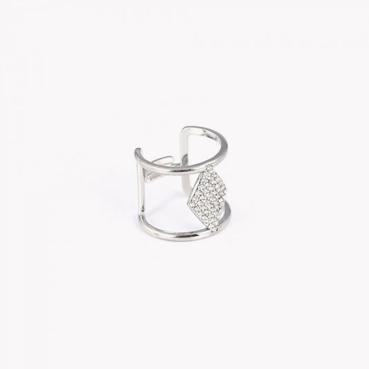 anel ajustável aço feminino Carmo Joalheiros com design duplo e losango cravejado de zircônia