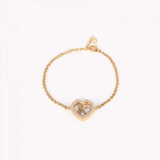pulseira de aço mãe dourada Carmo Joalheiros com pingente coração cravejado e corrente fina ajustável