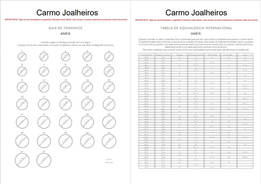 Guia de tamanhos e tabela de equivalencia de aneis Carmo Joalheiros para anel solitario feminino