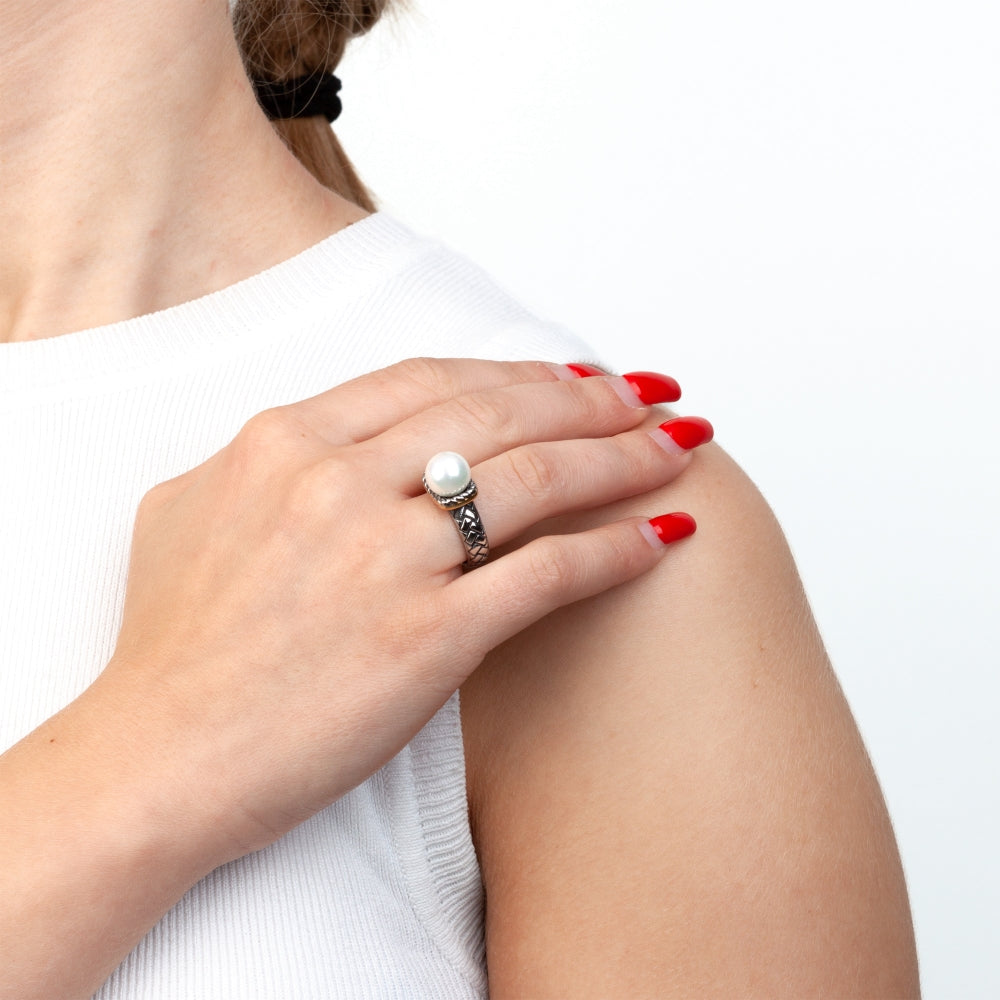 Anillo de Acero - Perla Solitaria
