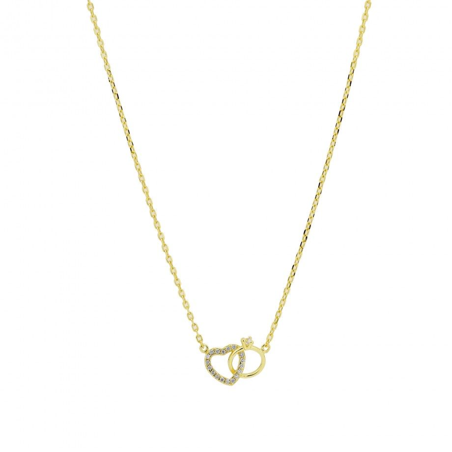 colar de compromisso feminino em ouro amarelo com pendente em forma de coração e anel cravejado