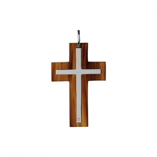 Pingente cruz de búfalo com prata da Topázio 1874, chifre marrom com inlay de prata polida