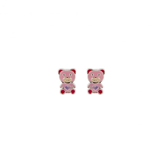 brincos de ursinho infantil em prata com esmalte rosa e coracao roxo par da Carmo Joalheiros