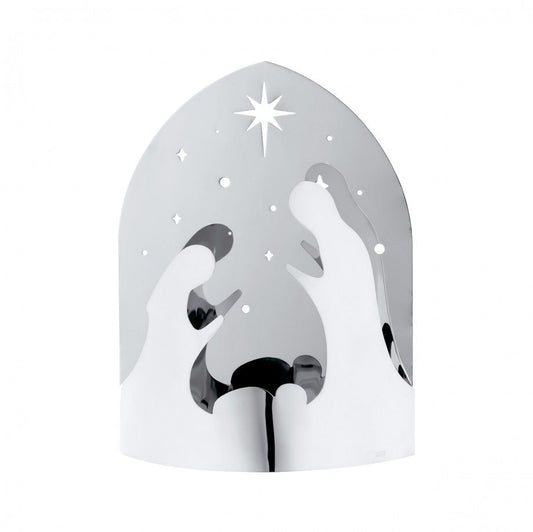 presépio decorativo Galileia em metal prateado com silhuetas minimalistas de Maria José e o Menino