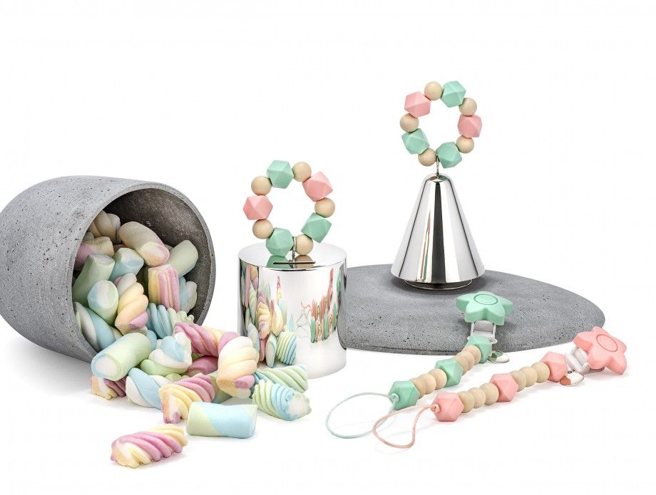 corrente de chupeta personalizada Topázio 1874 em silicone com contas pastéis rosa e verde e clip seguro