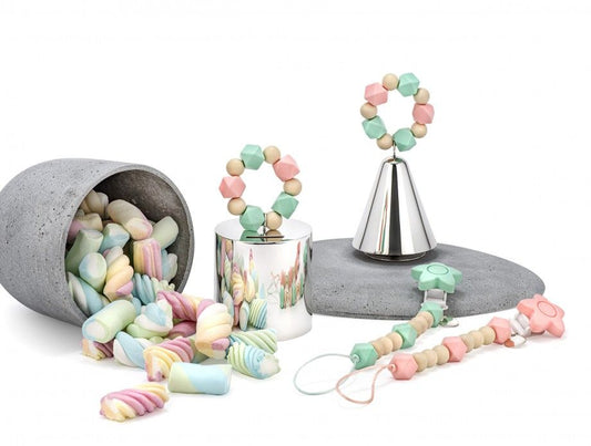 corrente de chupeta personalizada Topázio 1874 em silicone com contas pastéis rosa e verde e clip seguro