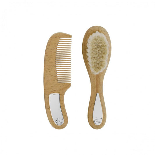 conjunto de pente e escova O Principezinho em madeira natural com cerdas macias ideal para bebés