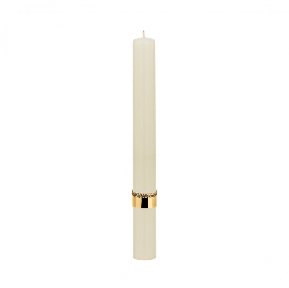 vela de batismo dourada Topázio 1874 em tom creme com faixa metálica dourada decorativa