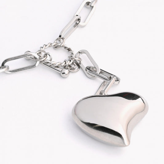 Collar de acero con eslabones y corazón lleno